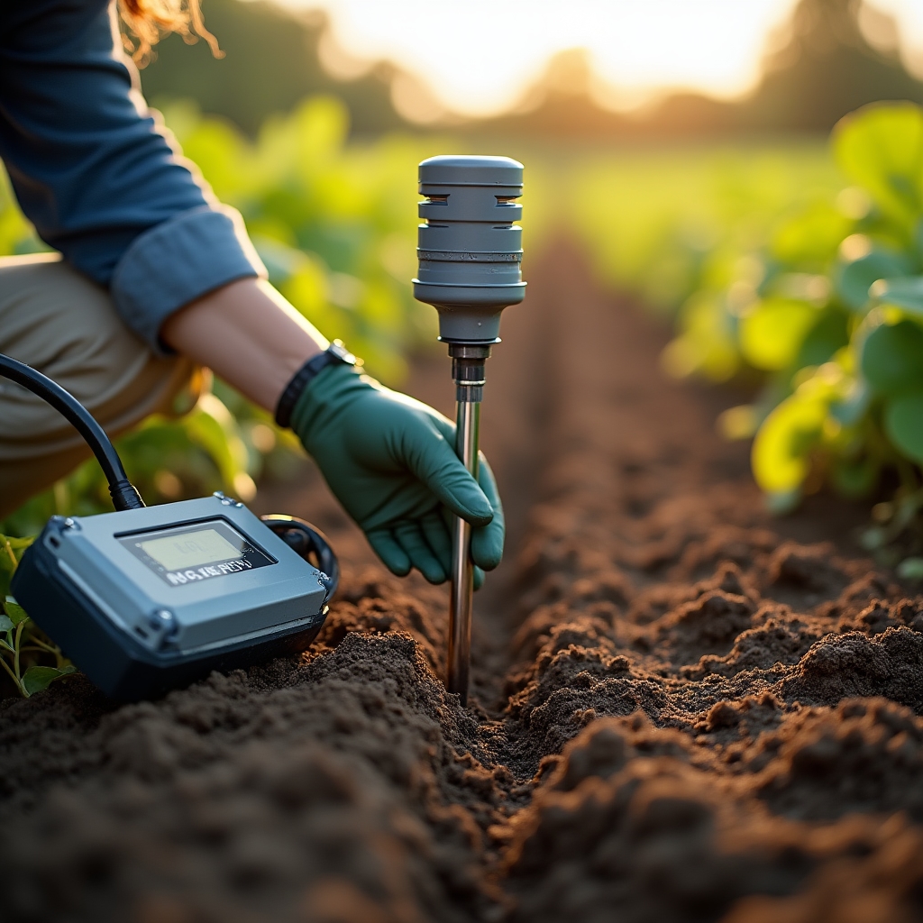 Sensor de humedad de suelo instalado entre líneas de cultivo